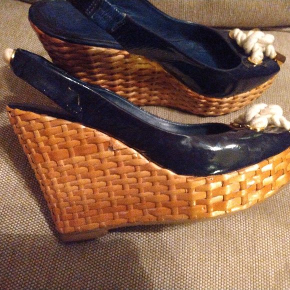 ❤️TORY BURCH Navy Blue Nautical Wicker Wedge Slingback Shoes 8 1/2 - Picture 3 of 7